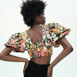 NWT ZARA  100% COTTON Floral Print Cropped Puff Sleeves Top